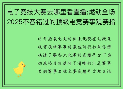 电子竞技大赛去哪里看直播;燃动全场2025不容错过的顶级电竞赛事观赛指南